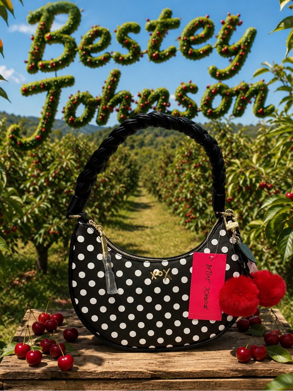 Betsey Johnson Polka Dot Crescent Shoulder Bag with charm